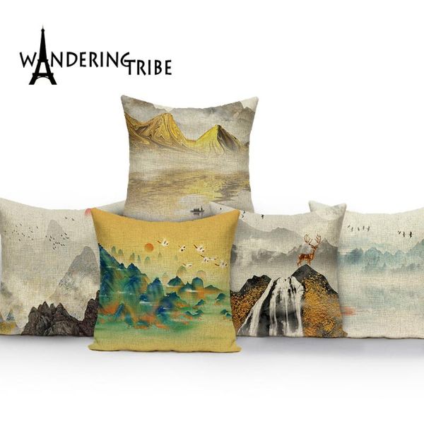 

vintage landscape throw pillow case scenery mountain water river painting pattern bed cushion cover linen cushions cojines cushion/decorativ