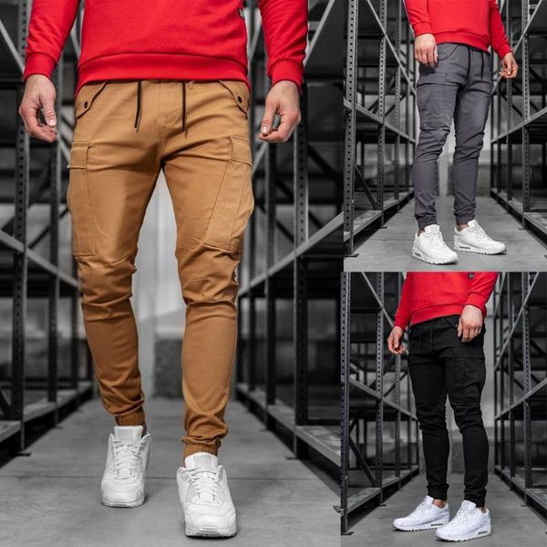 

men's pants sports and fitness fashion casual tethered workwear trousers tied streetwear men, Black
