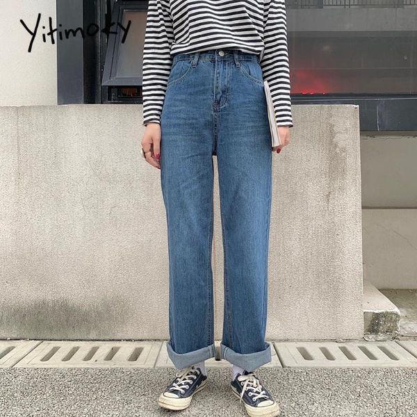 

women's jeans yitimoky woman vintage high waist street style loose wide leg denim pants black blue straight 2021 fashion