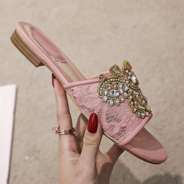 

slippers koovan women's flat sandals women shoes 2021 spring and summer lace beach crystal girls outer wear, Black