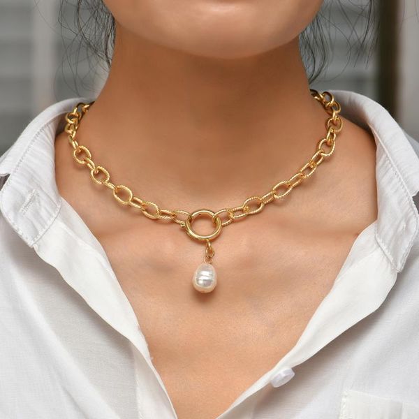 

pendant necklaces fashion gold twist link chain choker necklace for women bohemia charm pearl statement collar jewelry, Silver