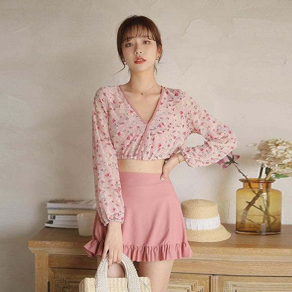 

one-piece suits bikini push up 2021 surf swimsuit for women trikini big size lady's split cover skirt long sleeve print polyester sierr