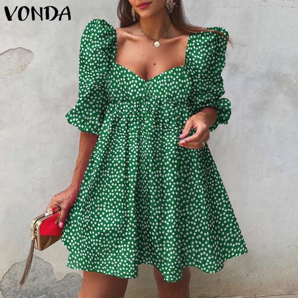 

vonda-2021 long sve pleated skirt, square neck, vintage print casual miniskirt, 3 / 4, Black;gray