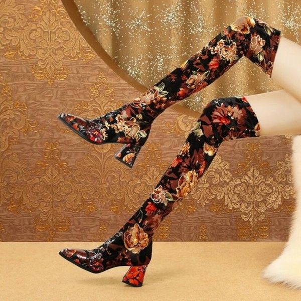 

shoes genuine leather sheep high women boots printing thick heels woman pointed toe elastic boot over the knee blue yellow j0vi, Black