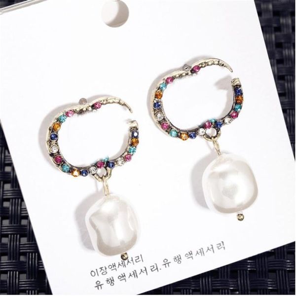 

luxury color diamond earrings designer pearl pendants earrings double letters charm studs women rhinestone earrings wholesale, Golden
