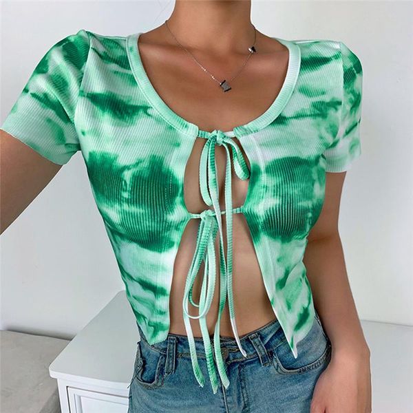 

women's t-shirt women summer ribbed knit t-shirts short sleeve gradient tie-dye print lace-up front cardigan bandage o-neck slim, White