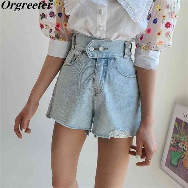 

streetwear fashion chic ripped edges denim short double button light blue summer female jeans 210624, White;black