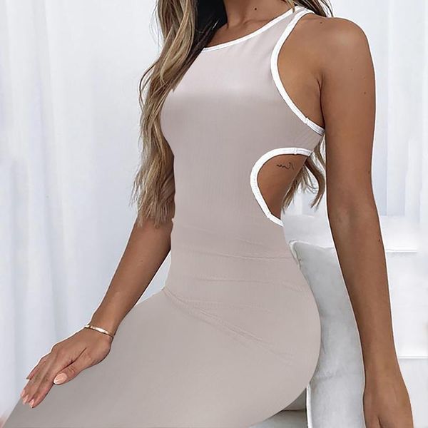 

casual dresses hollow minimalism summer dress women's 2021 elegent housewife waist tight-fitting halter mid-length, Black;gray