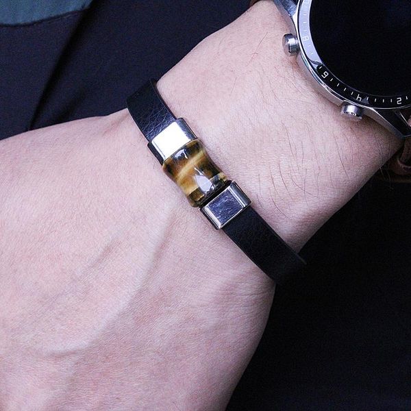 

natural tiger eye bamboo bead bracelet men and women handmade leather jewelry energy gift beaded, strands, Black