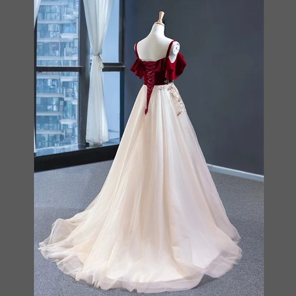 

chic ruffle satin red prom dresses appliques boho prom dress with lace up back, Black