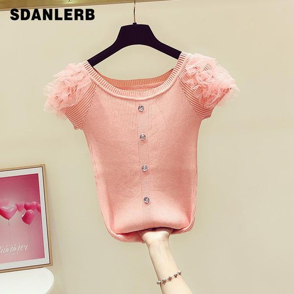 

women's t-shirt 2021 summer ladies fashion mesh short sleeve round neck ice silk knitwear slim thin elegant shirt, White