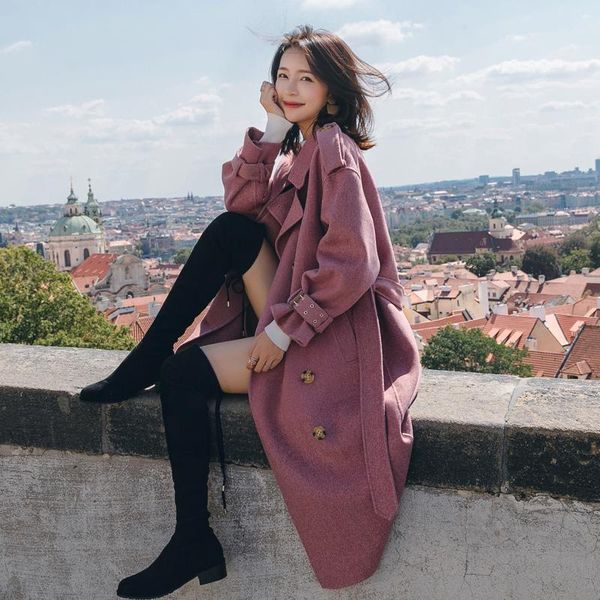 

women's wool & blends pink double-breasted woolen coat 2021 winter long fashion large size turn-down collar pocket cashmere overcoat, Black