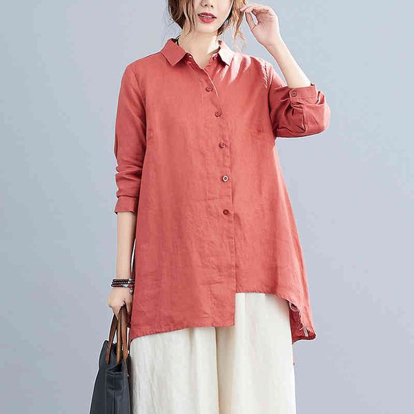 

johnature casual shirts turn-down collar spring v-neck long sleeve loose women blouse irregularity 210521, White
