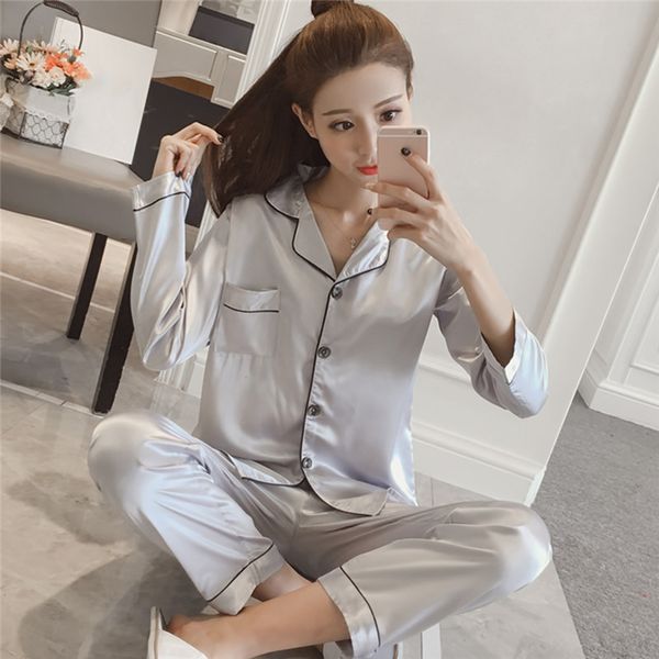 

2021womens pajamas home service suit ladies loose casual solid color cardigan long-sleeved quality simulation silk pajama set, Black;red