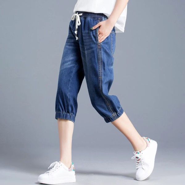 

women's jeans summer 2021 high waist elastic loose size calf-length pants casual elasticity denim 1ig2, Blue
