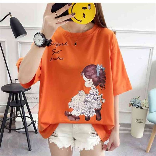 

short sleeve simple cotton black red tshirt lady plus size women's loose cartoon t-shirt youth casual 210708, White