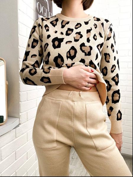 

korean style sweatsuits knitted suits women tracksuits leopard long sleeve o neck sweater elastic waist pants tracksuit set, Gray