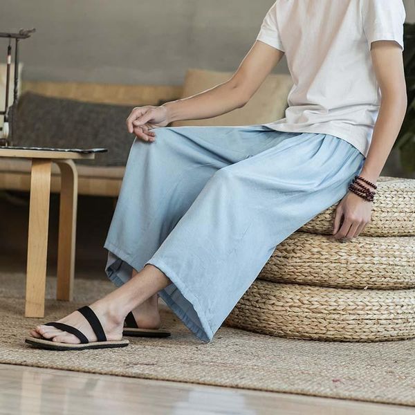 

men's summer fashion chinese style solid color mid-length sports pants loose wide-leg casual cotton and linen trousers, Black