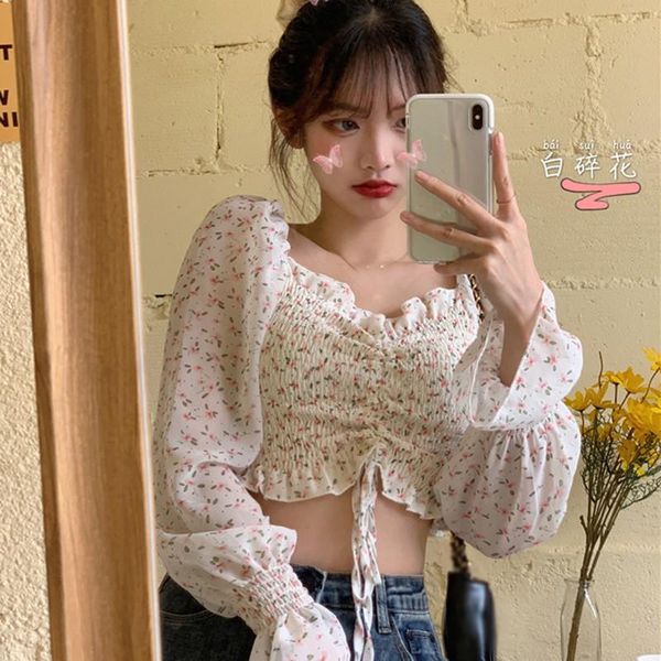 

women's blouses & shirts summer square collar blouse women pleated floral chiffon long sleeve korean blusas, White