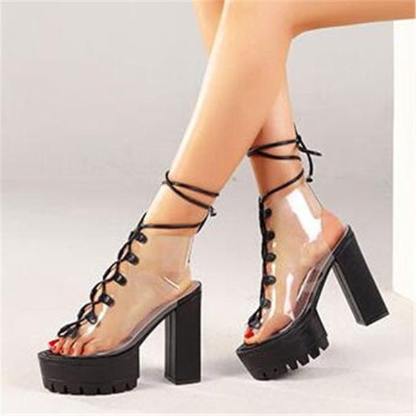 

summer shoes woman pvc transparent gladiator sandals peep toe clear chunky heels women boots, Black