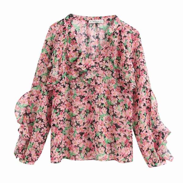 Vintage stilvolle Rüschen Blumendruck Chiffon Bluse Frauen Mode V-Ausschnitt Tops Elegante Damen Chic Hemden 210520