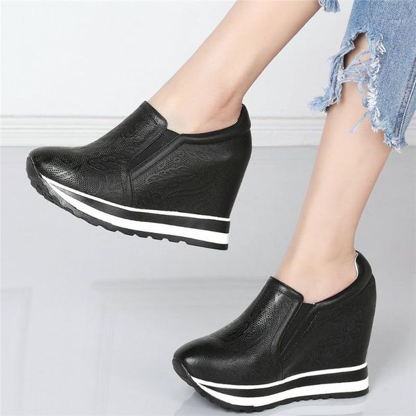 

breathable fashion sneakers women genuine leather wedges high heel platform pumps shoes female slip on round toe casual, Black