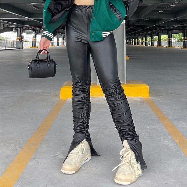 

women's pants & capris chic fashion high waist pu leather trousers fall winter streetwear bottom club party flare pant bodycon, Black;white