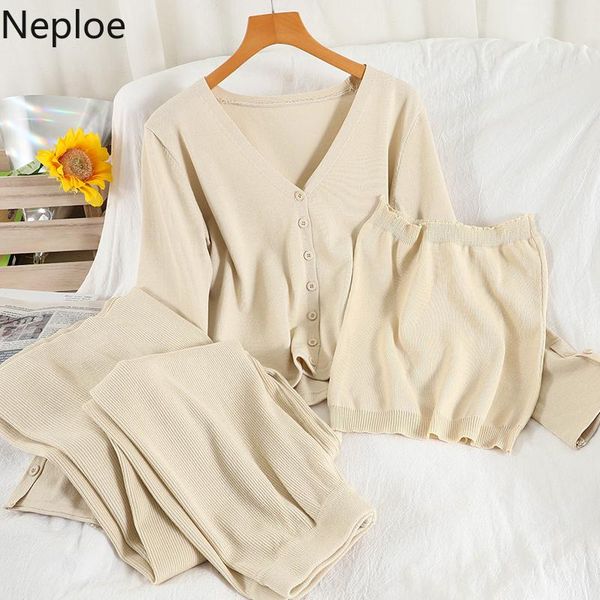 

neploe femme roupas elegant korean 3piece knit suit loose sweater coat tube straight wide leg pants three-piece sets women women's two, White