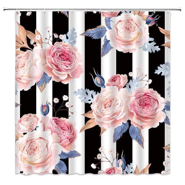 

sztnsm pink flower shower curtain black and white striped fabric rose floral plant, 70x70 inch polyester fabric bathroom