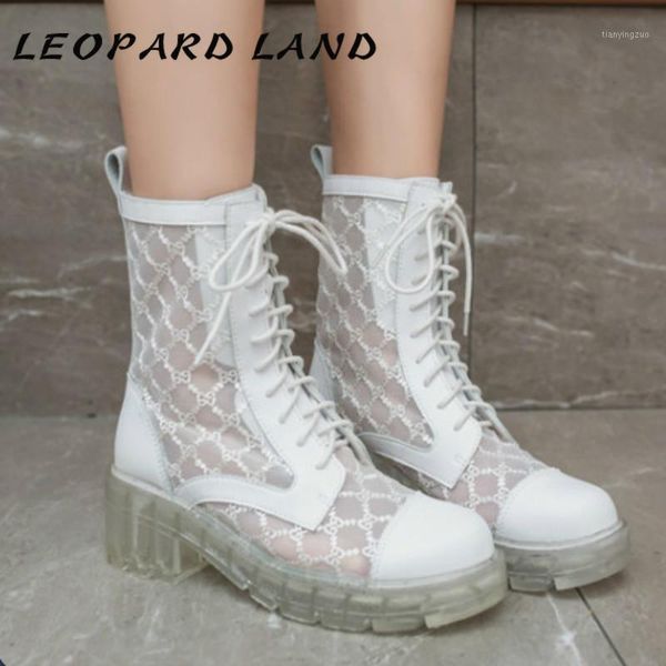 

boots leopard land women's shoes breathable mesh chunky heel lace-up semi-high heeled ankle -6788-21, Black