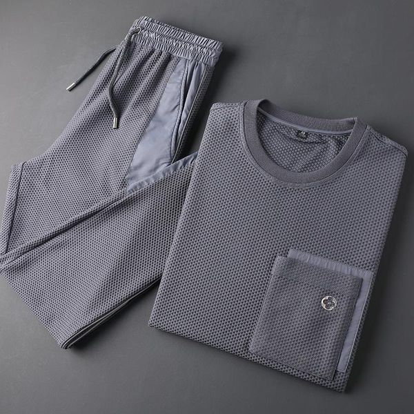 

men's tracksuits 2021 summer high end honeycomb mesh breathable round collar leisure sports suit stretch quick drying two pieces, Gray