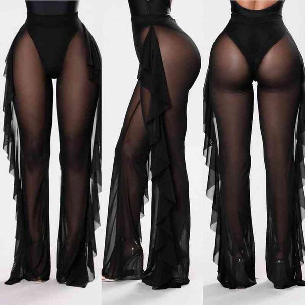 

Sexy Ruffle Women Beach Mesh Pants Sheer Wide Leg Pants Transparent See Through Sea Holiday Cover Up Bikini Trouser, Black