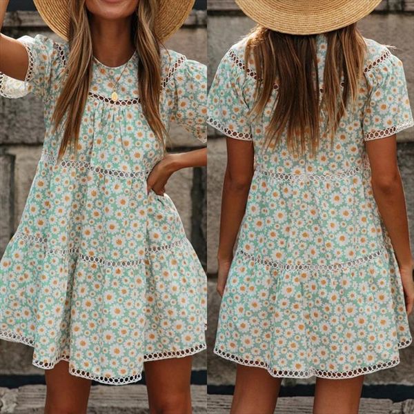 

boho beach floral print womens dress casual loose mini, Black;gray