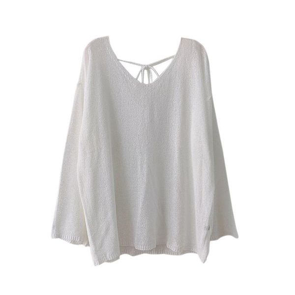 

women's t-shirt autumn women thin back v-neck tie hollow solid color hedging loose wild trumpet sleeve sunscreen sweater top, White