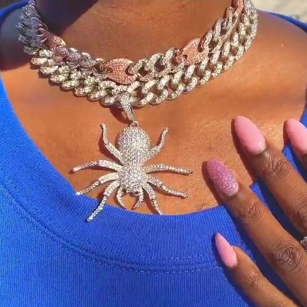 

chokers iced out bling cz spider pendant necklace mens women silver color with 9mm cuban chain micro paved choker hip hop jewelry, Golden;silver