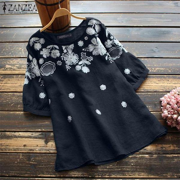

women's blouses & shirts loose retro 2021 floral embroidery blouse summer casual holiday o neck blusas zanzea women vintage half sleev, White