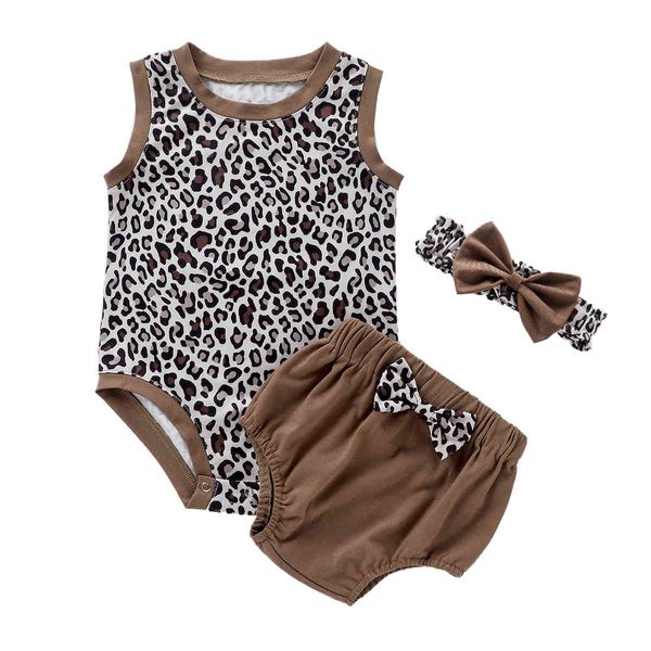 Doğan Bebek Kız 3-piece Kıyafet Seti Kolsuz Leopar Romper + Şort + Kafa Bandı 210515