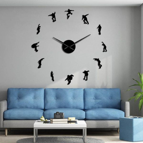 

wall clocks skateboarding modern design frameless clock giant art for boys bedroom skateboarders home decor silent big watch