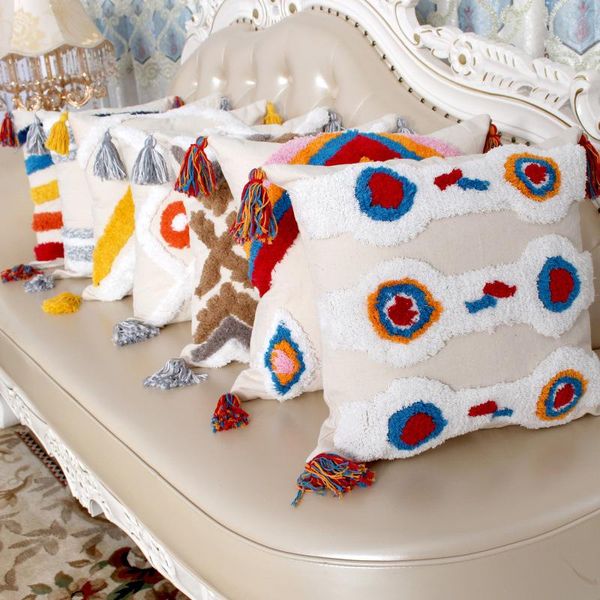 

cushion/decorative pillow canvas plaid jacquard sofa cushion cover with tassel 45x45cm geometric embroidered case decorative home el office