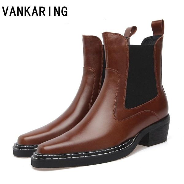 

boots retro style women's ankle genuine leather short female pumps pointed toe thick high heels ladies runway shoes woman, Black