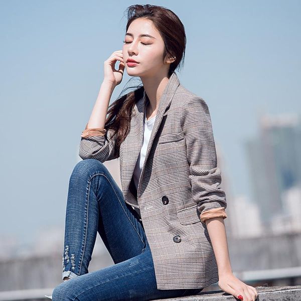 

women's single coat 2021 autumn casual fashion temperament slim lattice double-breasted small suit shirt suits & blazers, White;black
