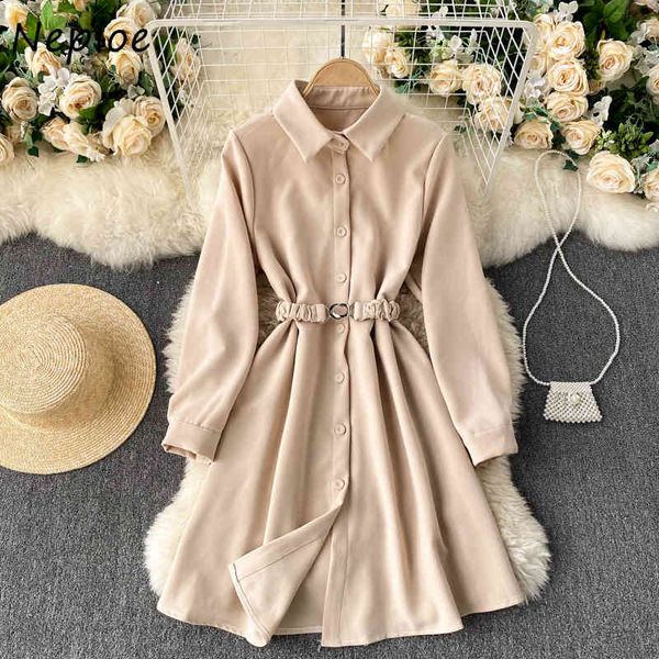 

neploe turn down collar long sleeve ol dress women high waist hip sashes slim a line vestidos spring solid dresses 94994 210422, Black;gray
