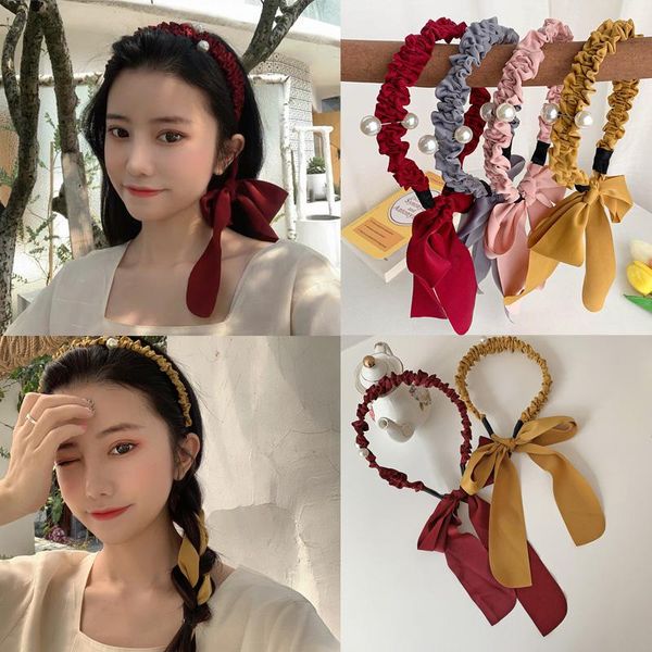 

hair accessories women elegant folds pearls long ribbon bezel hairbands girls sweet decorate headband headwear fashion