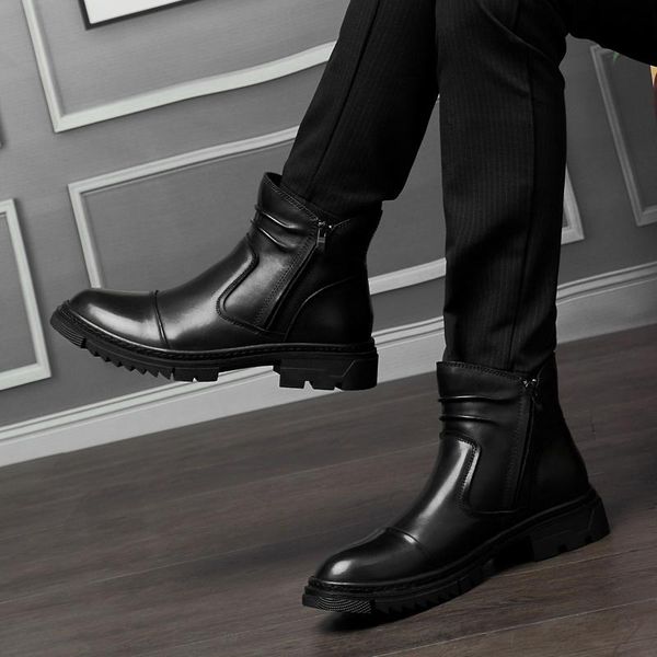 

boots super warm men natural leather plush ankle snow outdoor waterproof autumn winter shoes, Black