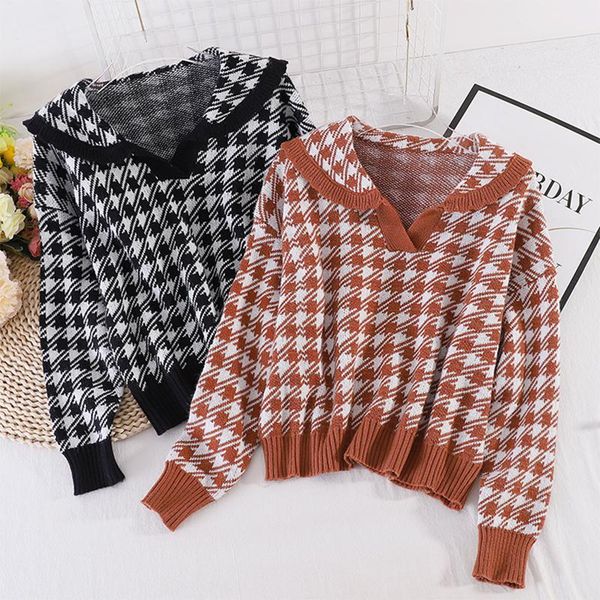 

women's sweaters houndstooth plaid pullover sweater women autumn outwear short jacket turn down collar long sleeve knitted black khaki, White;black