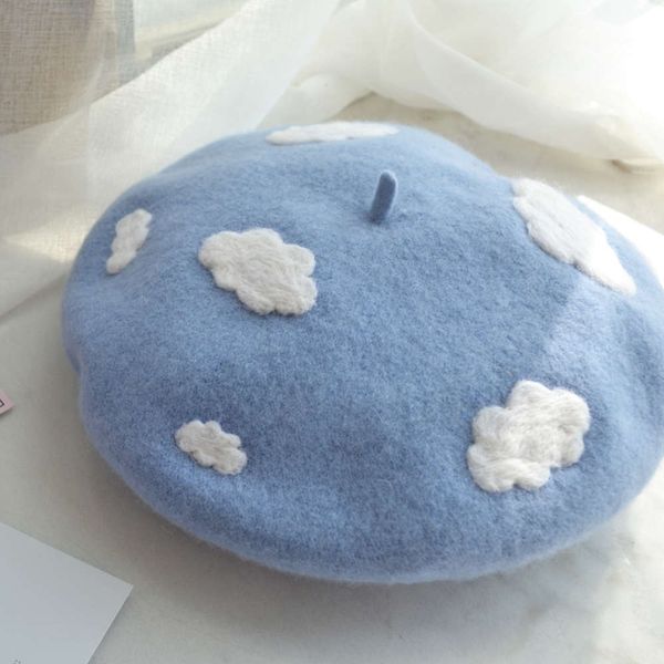 

handmade baret women hat women's herfst woilt cloud painting cap warm paper salesman outdoor walking, Blue;gray