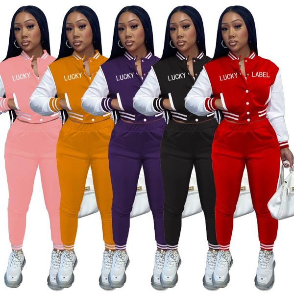 

women's two piece pants lucky label set tracksuit women pant suits button jacket sweatshirt with pockets sets femme suit, White