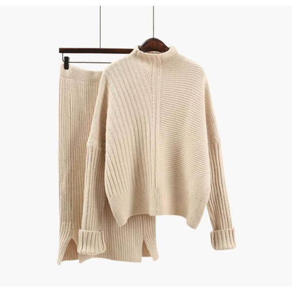 

fashion spring women loose pullover sweater+knitted skirt winter high waist knitted two-piece suit 210531, White