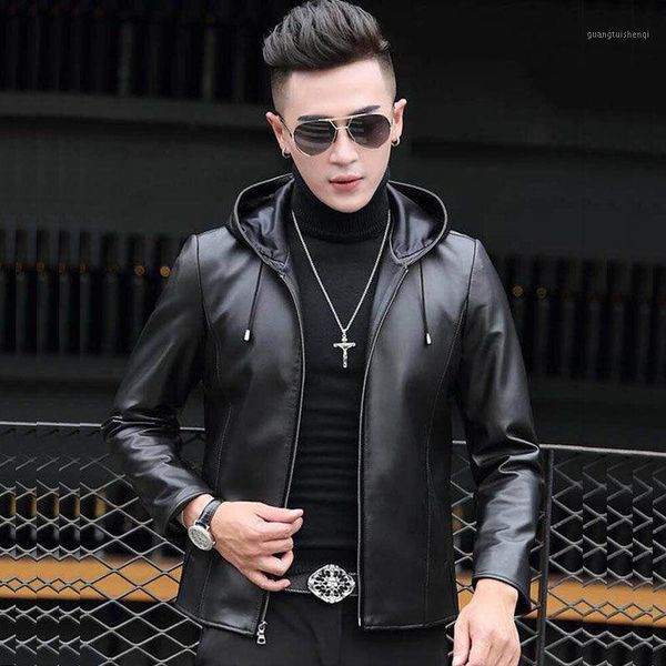 

men's fur & faux 2021 spring autumn men fashion korean style solid color hooded leather jacket male pu slim motorcycle coat s227, Black