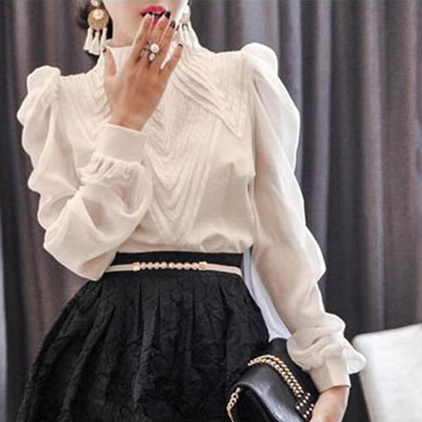 

women's blouses & shirts 2021 autumn korean style chiffon shirt chic elegant multi-layer pleated stand collar blouse women puff sleeve, White
